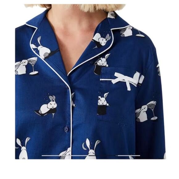 Kate Spade New York Bun Bun Bunny Magic Hat Martini Navy Blue Pajama Top Large - Picture 1 of 10